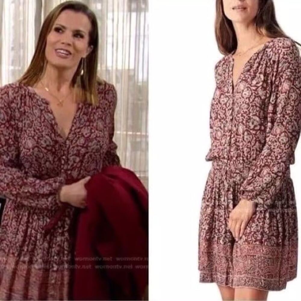 Faherty Burgundy and Cream Printed V-Neck Midi Dress